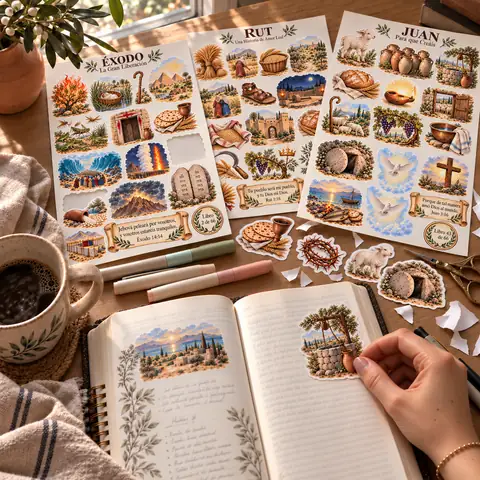 Biblia abierta con stickers ilustrados, hojas impresas, marcadores y café