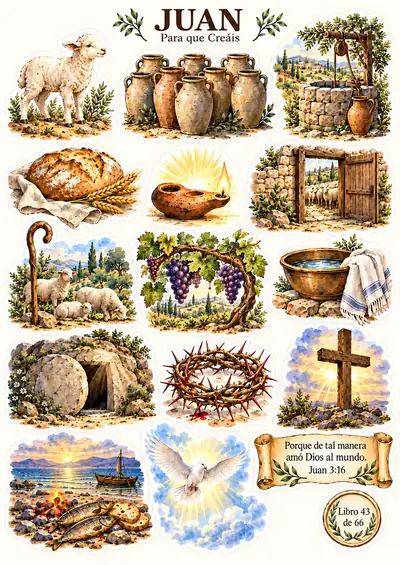 Hoja de stickers del libro de Juan